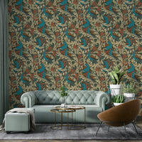 Mustard and teal peacock garden vintage wallpaper style

