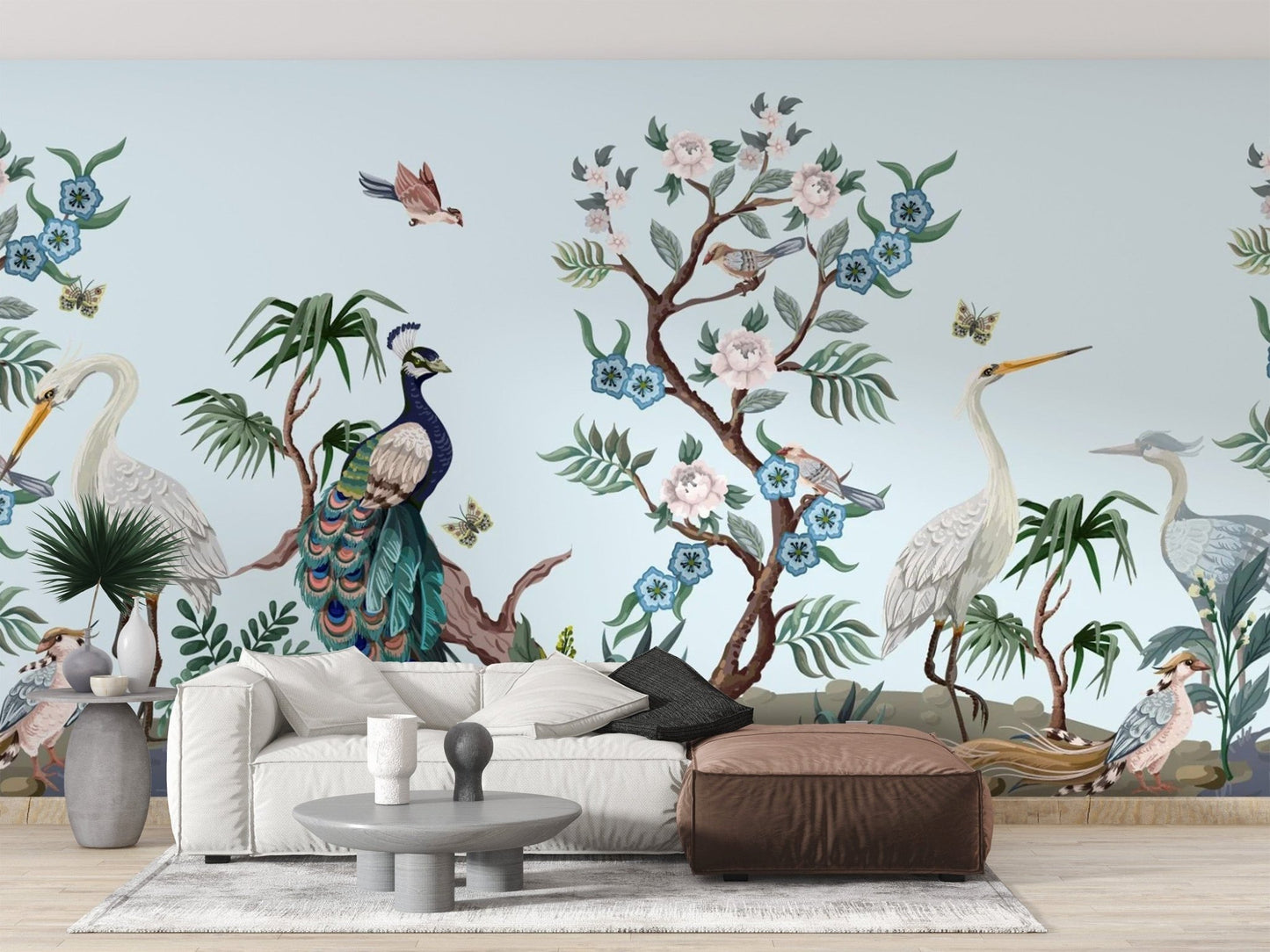 Exotic bird chinoiserie living room wallpaper with flowers
