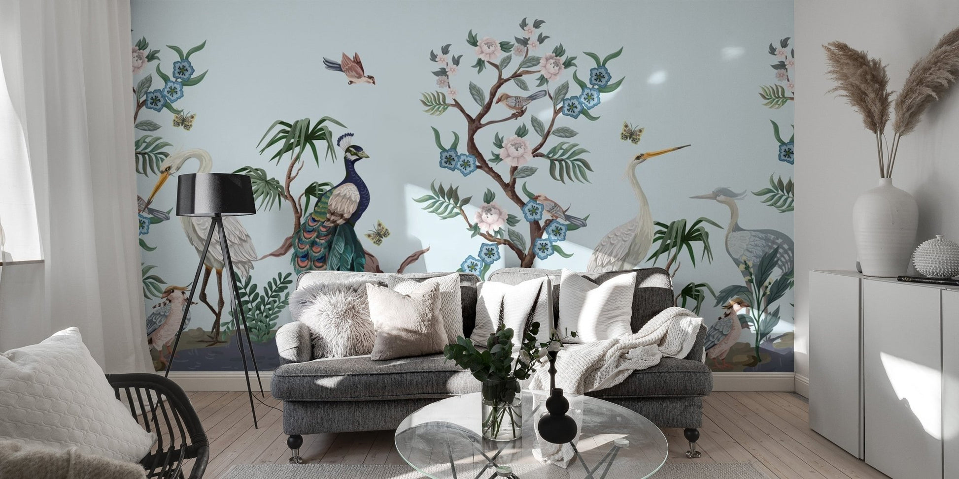 Peacock & Heron Bird Chinoiserie Wallpaper Murals - Giffywalls