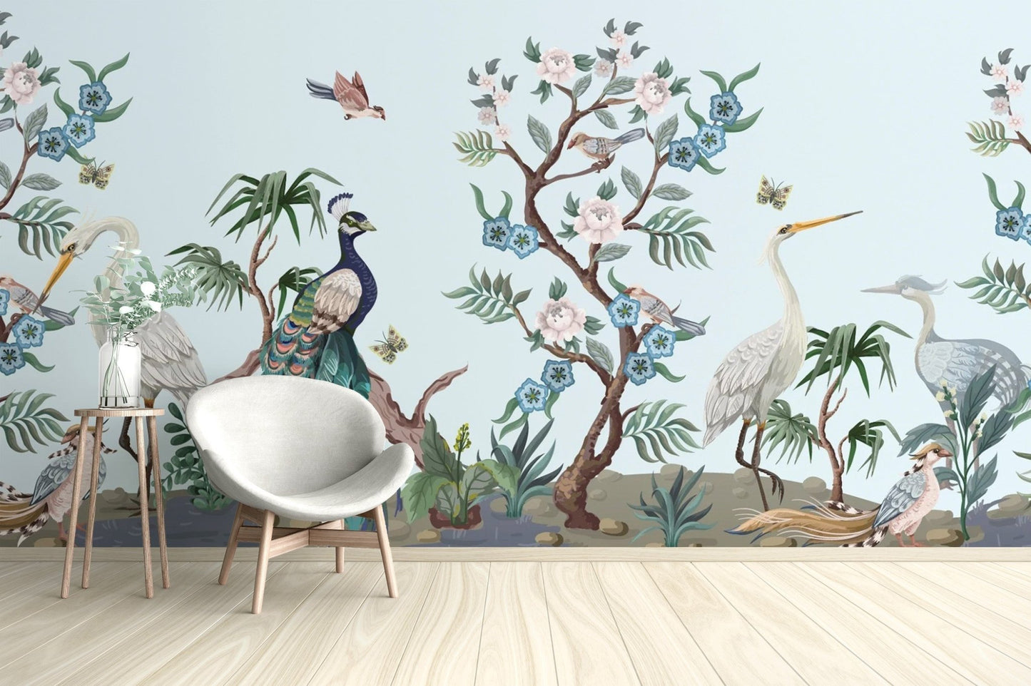 Heron and peacock mural wallpaper for decor
