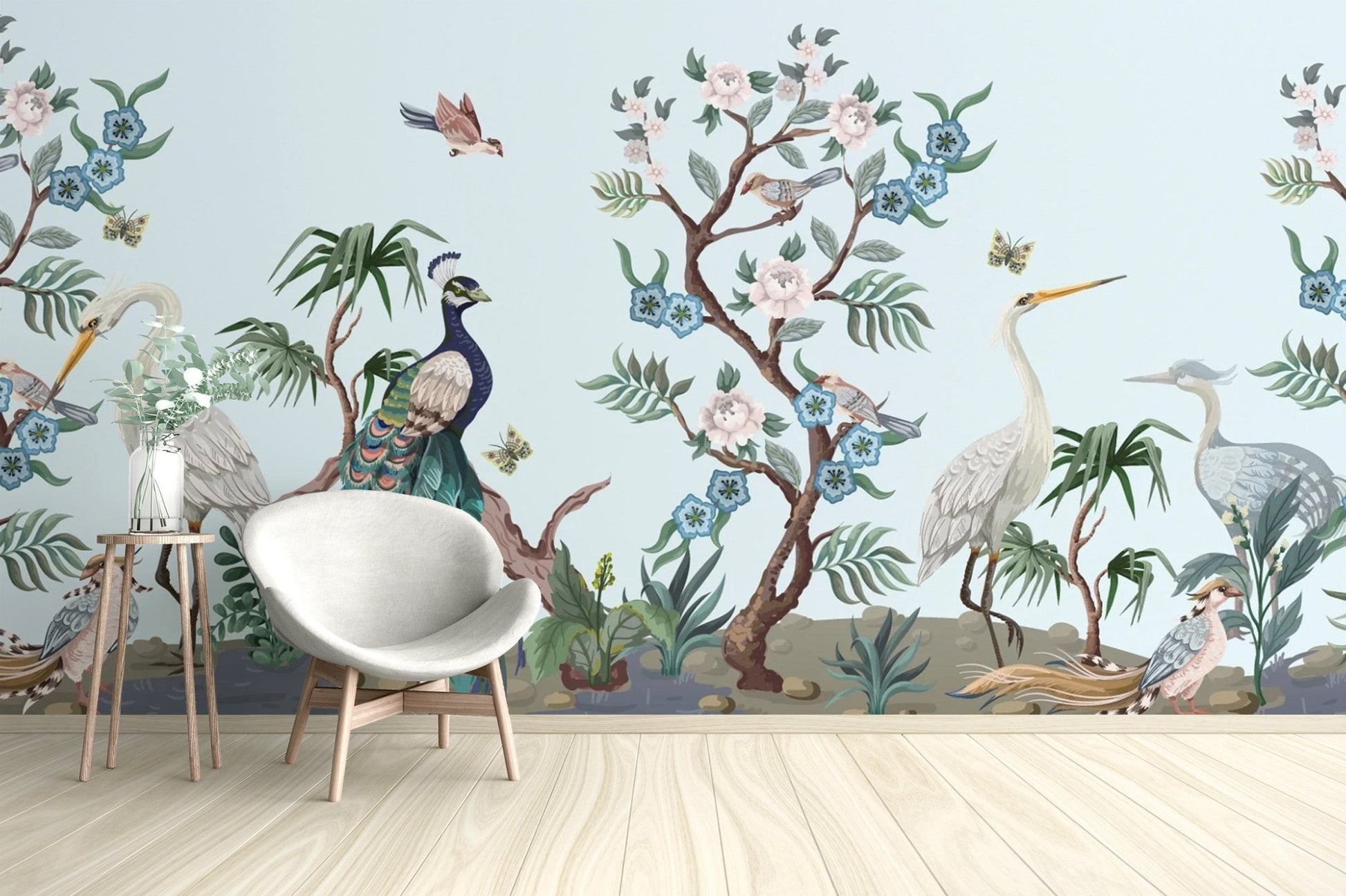 Heron and peacock mural wallpaper for decor
