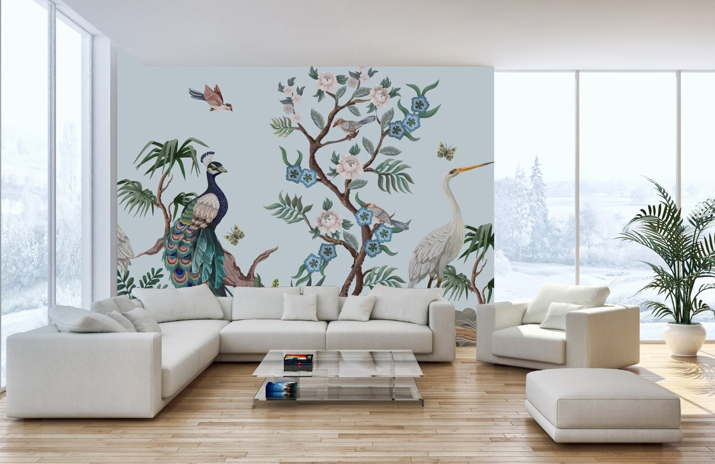 Peacock & Heron Bird Chinoiserie Wallpaper Murals - Giffywalls