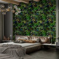 Intricate peacock feather wallpaper for elegant decor.

