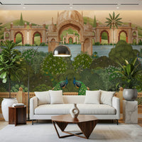 Close-up of peacock feathers and blossoms in a wall mural design