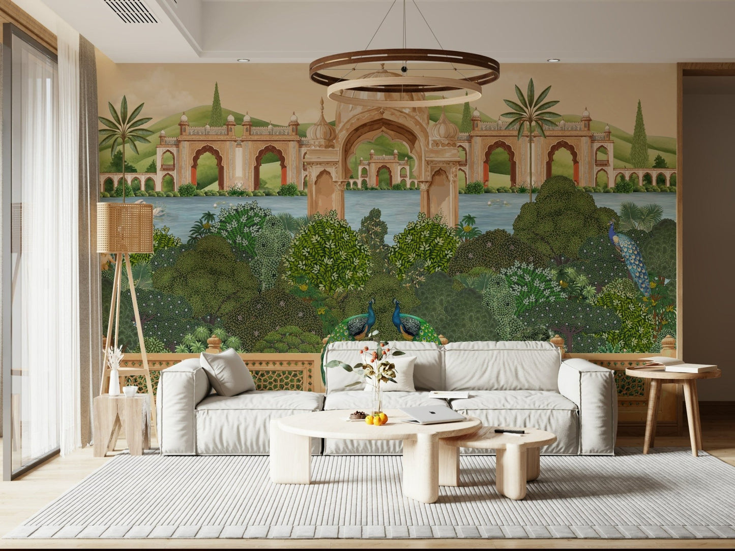 Peacock paradise mural with greenery and soft pastel background