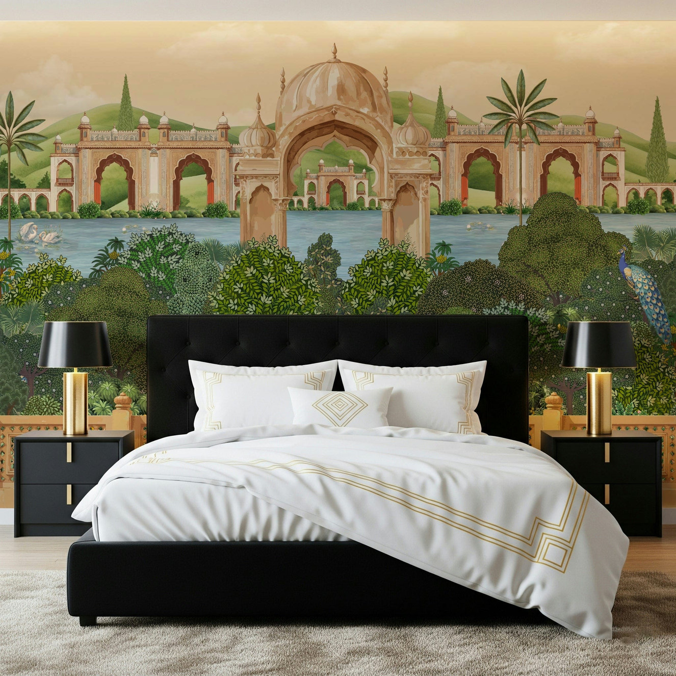 Peacock paradise wall mural with lush tropical leaves and flowers