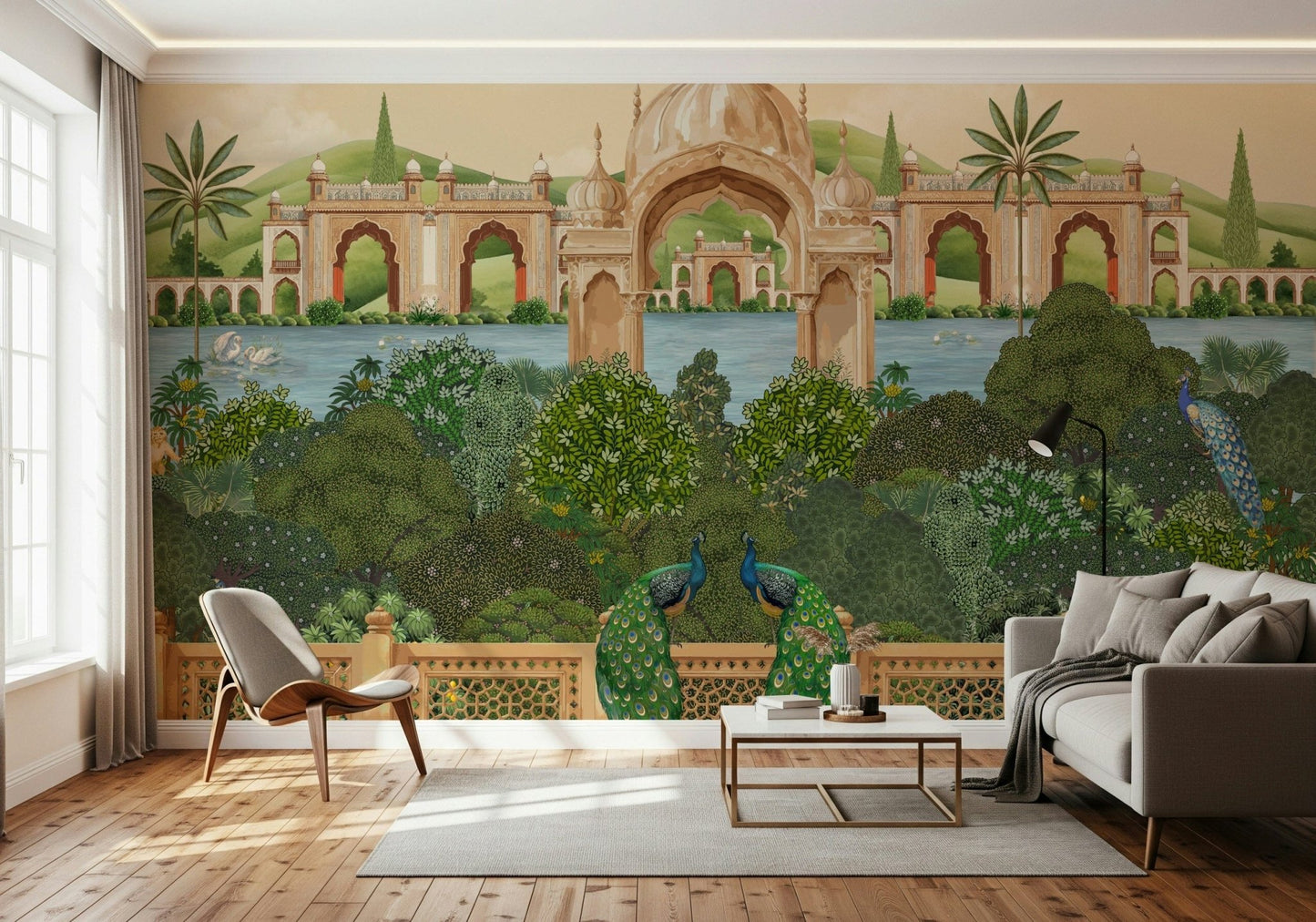Detailed peacock and botanical wall mural in teal and gold tones
