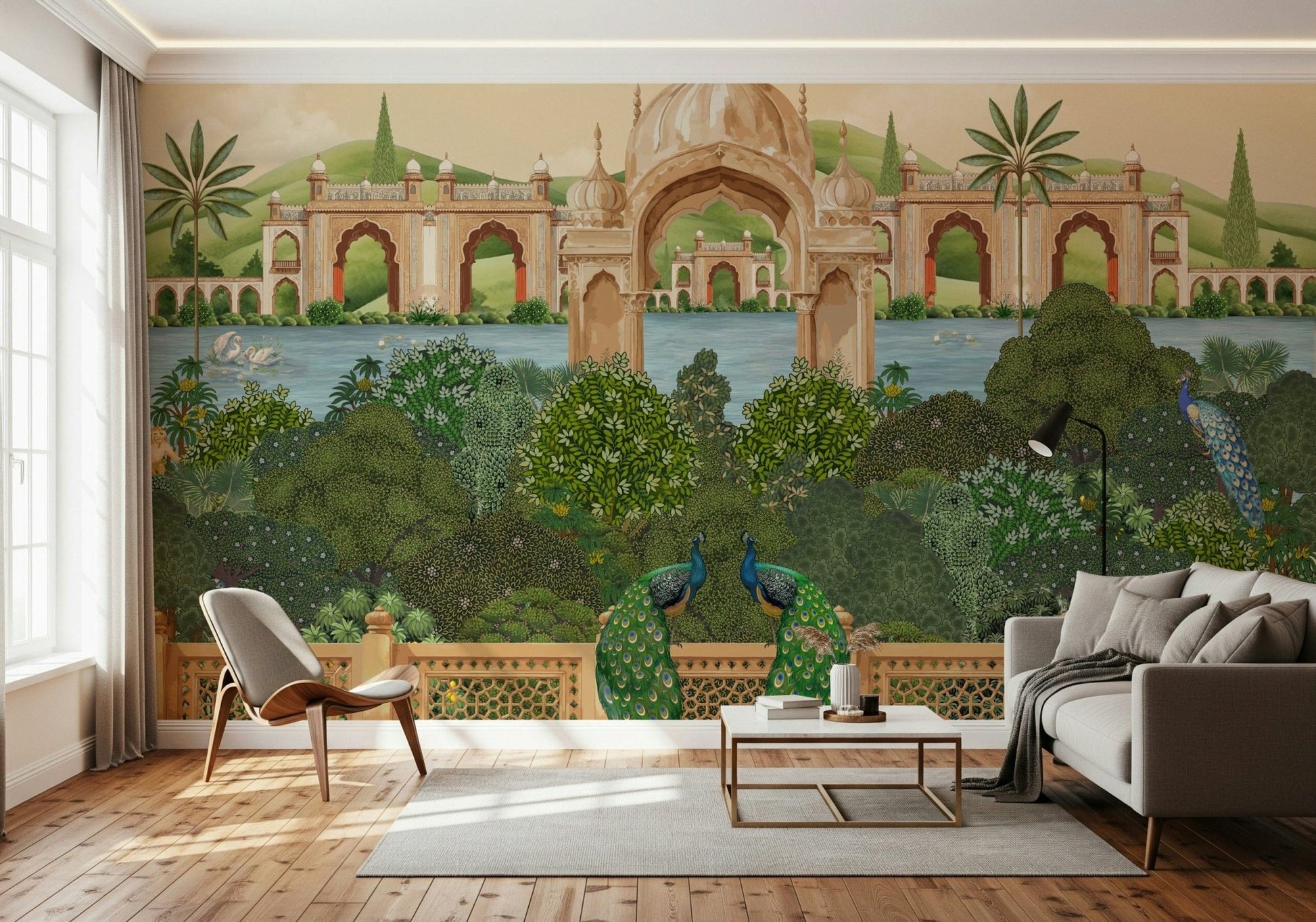 Detailed peacock and botanical wall mural in teal and gold tones