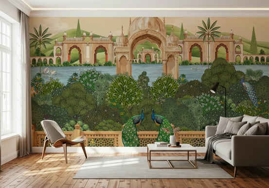 Detailed peacock and botanical wall mural in teal and gold tones, GD7537
