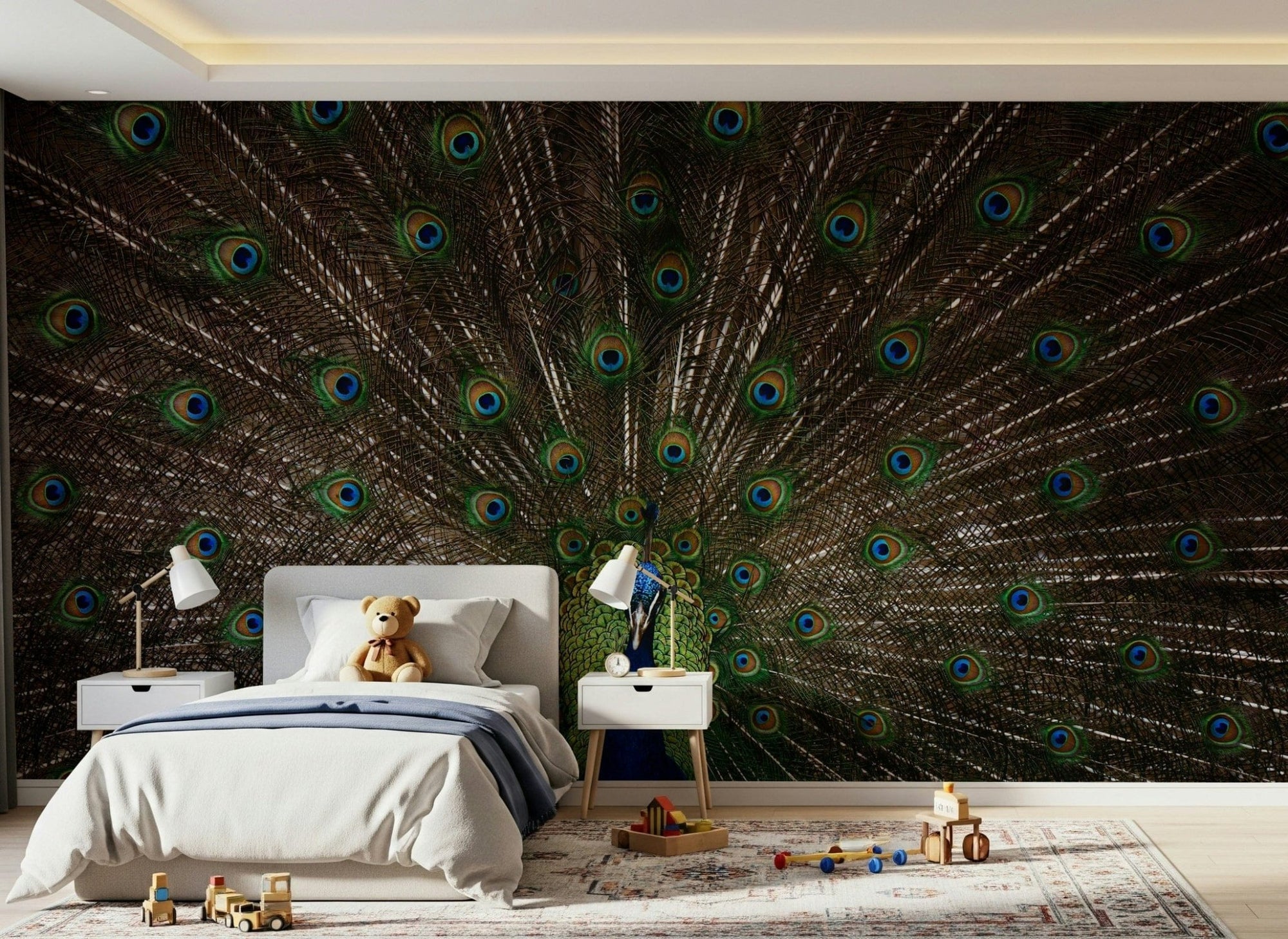A beautiful peacock pride wallpaper mural with majestic birds and elegant botanical elements., GD5954