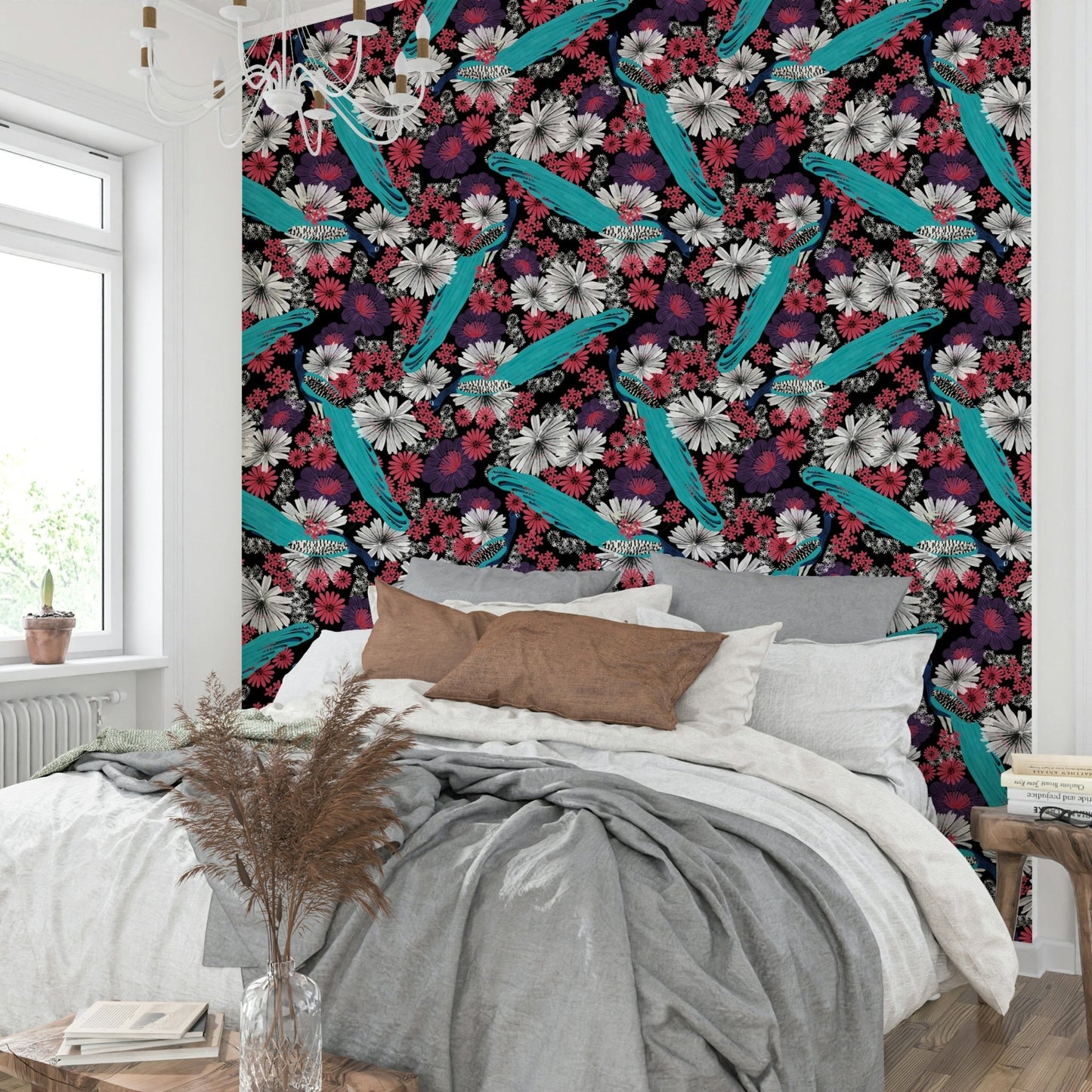 Bold peacock pattern on dark wallpaper