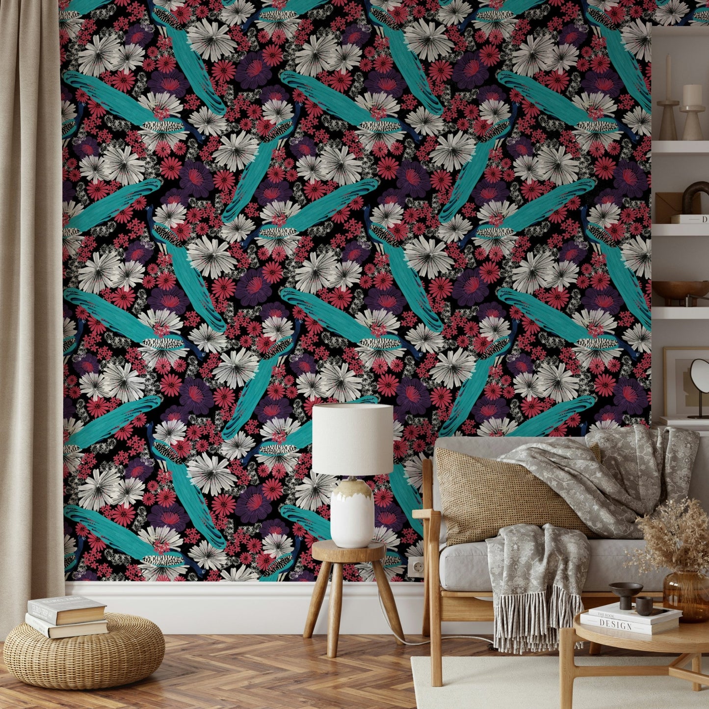 Dramatic mural wallpaper with peacock details