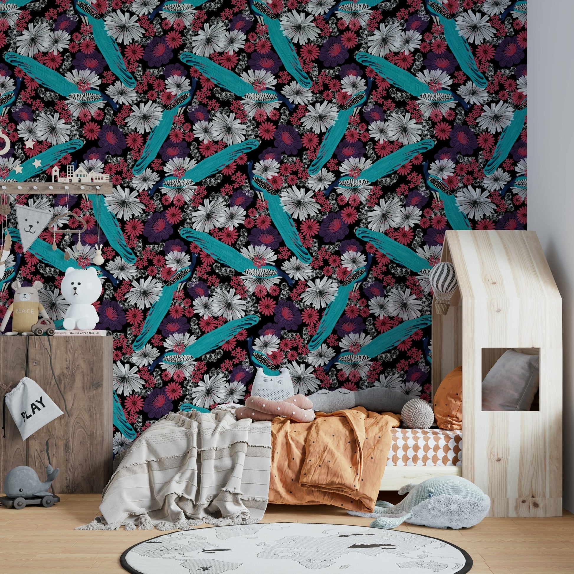 Stylish interior with black wallpaper for walls