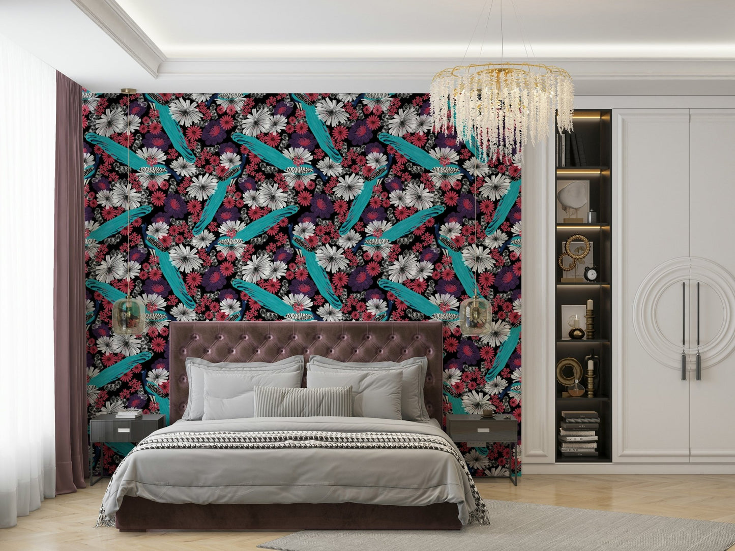 Feature wall with black peacock wallpaper