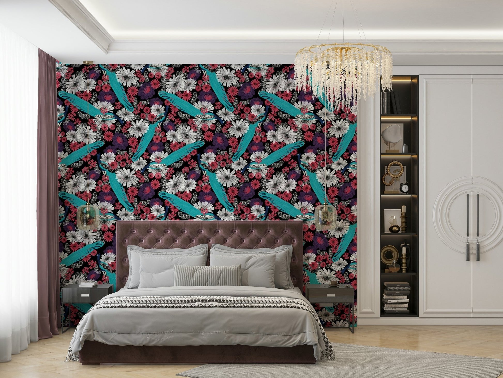 Feature wall with black peacock wallpaper