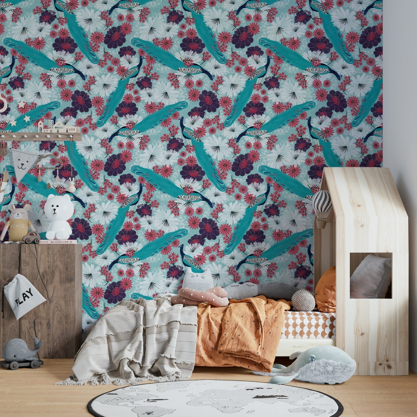 Detailed mural wallpaper with blue tones