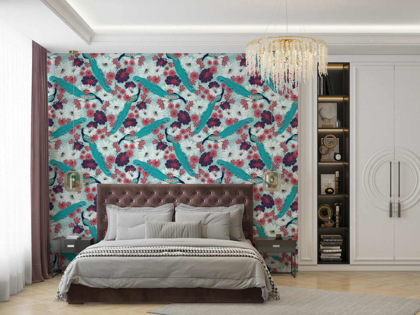 Classic wall mural with peacock print
