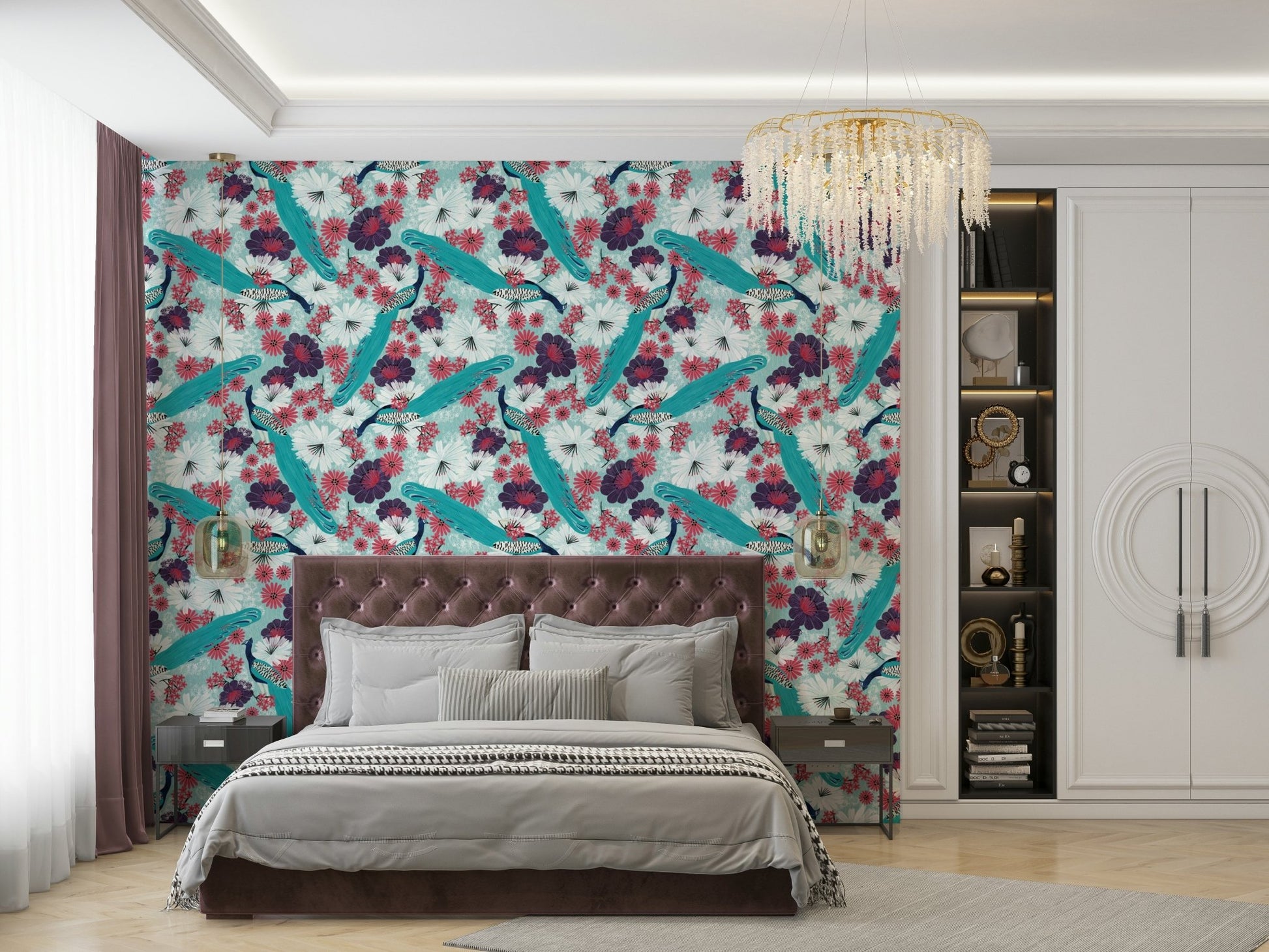 Classic wall mural with peacock print
