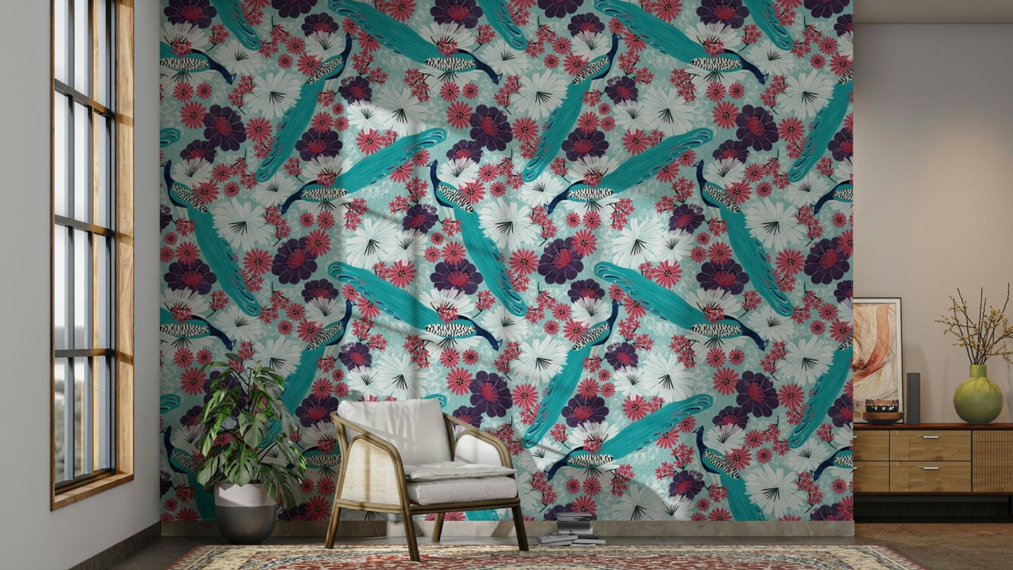 Blue peacock mural wallpaper full view

