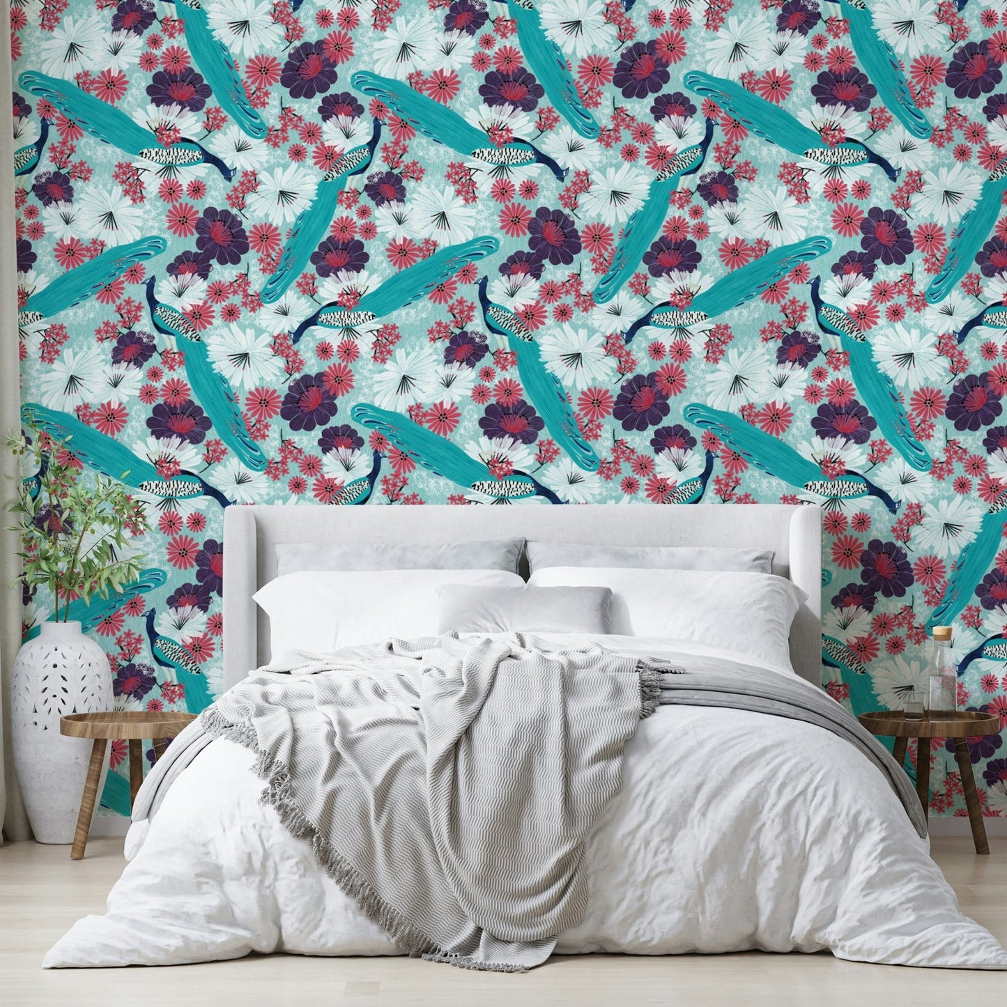 Living room with blue peacock wall mural
