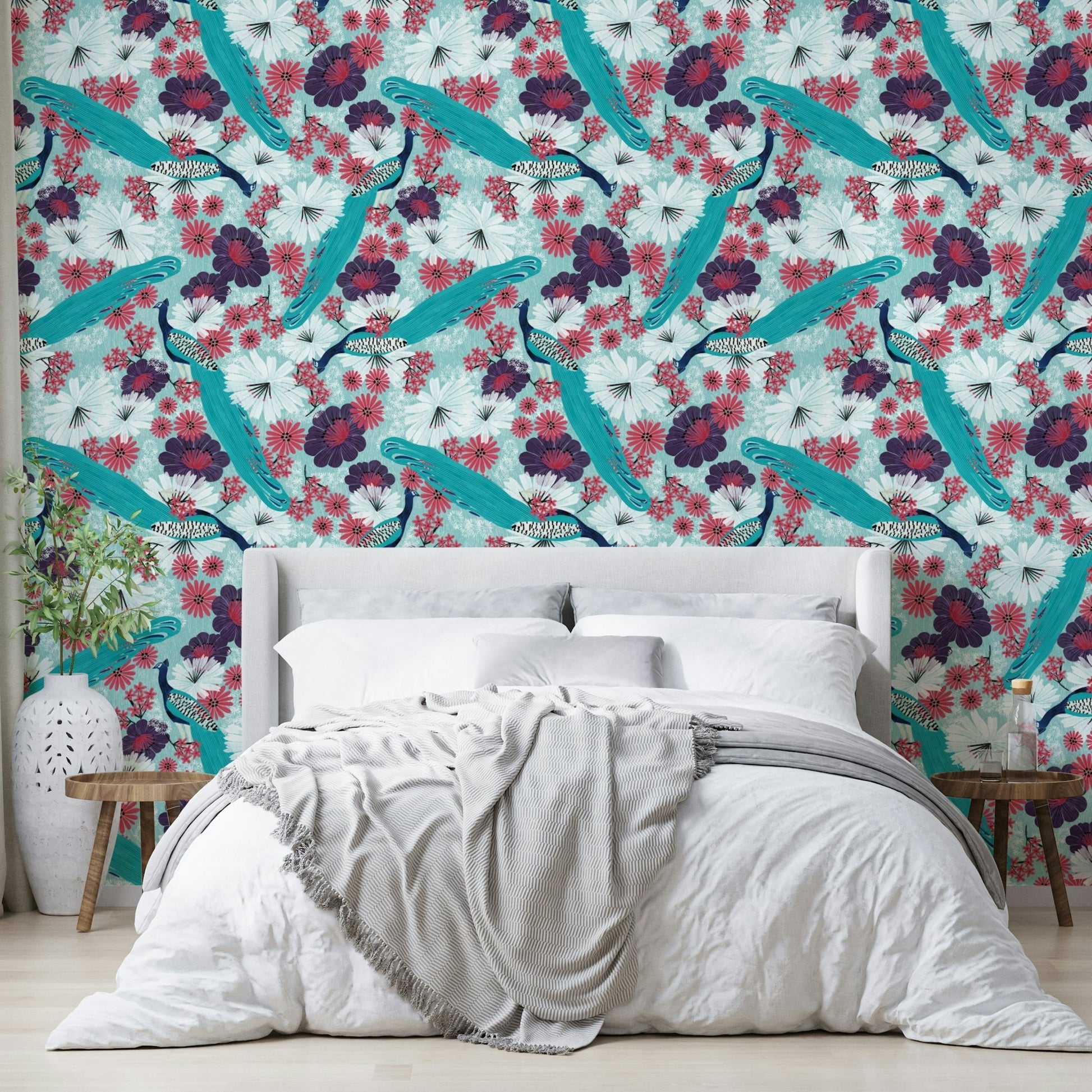 Living room with blue peacock wall mural
