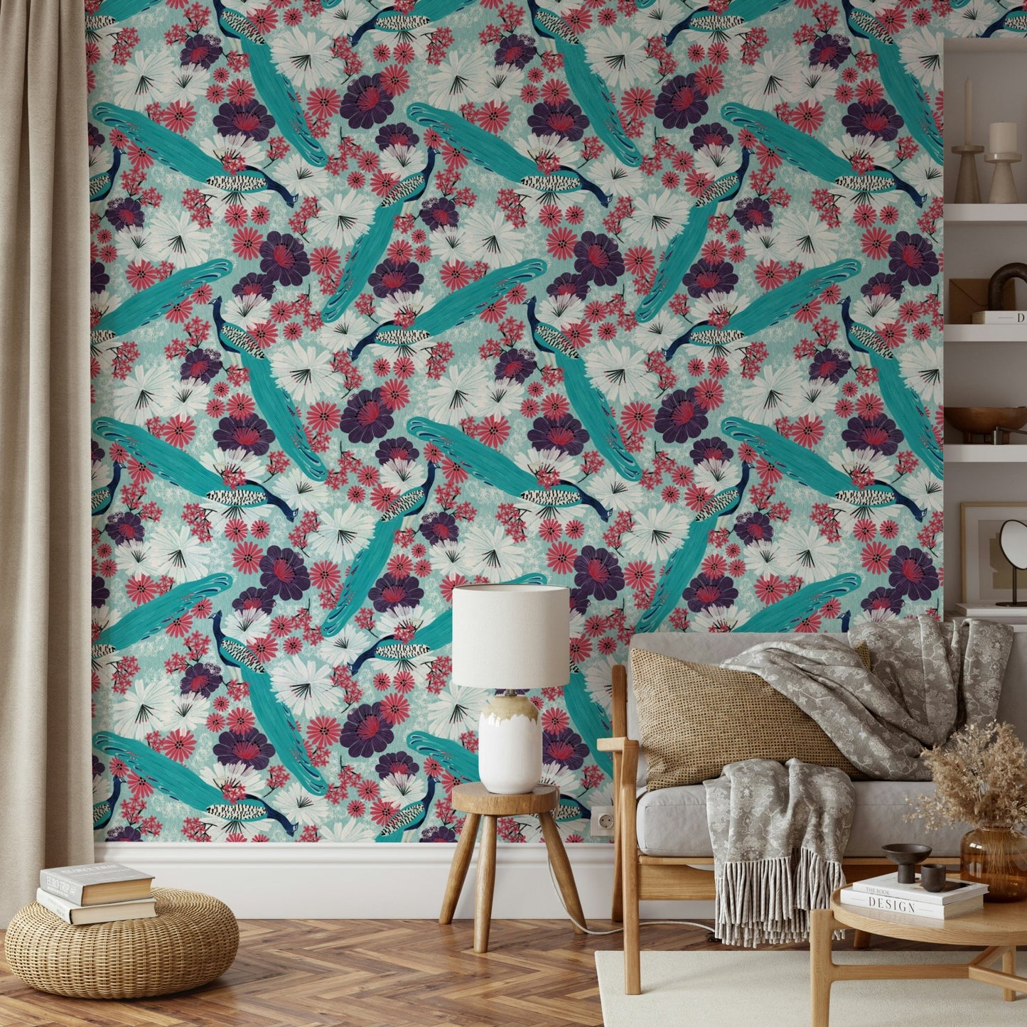 Blue wall mural featuring graceful peacocks