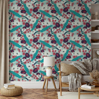 Blue wall mural featuring graceful peacocks