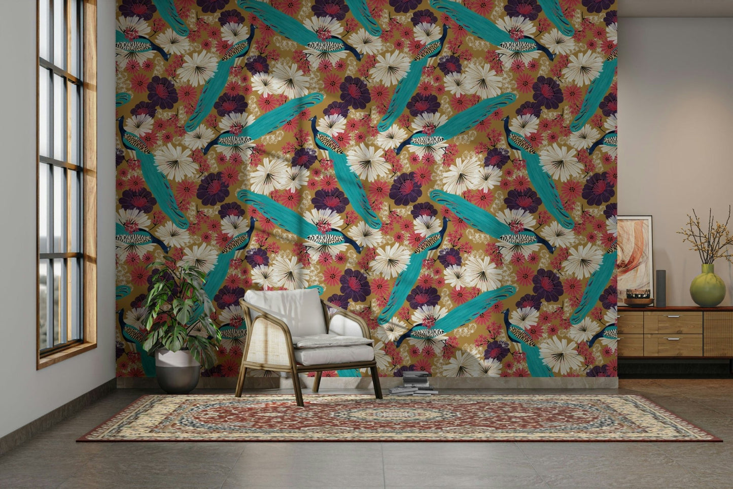 Detailed peacock feathers on mural wallpaper