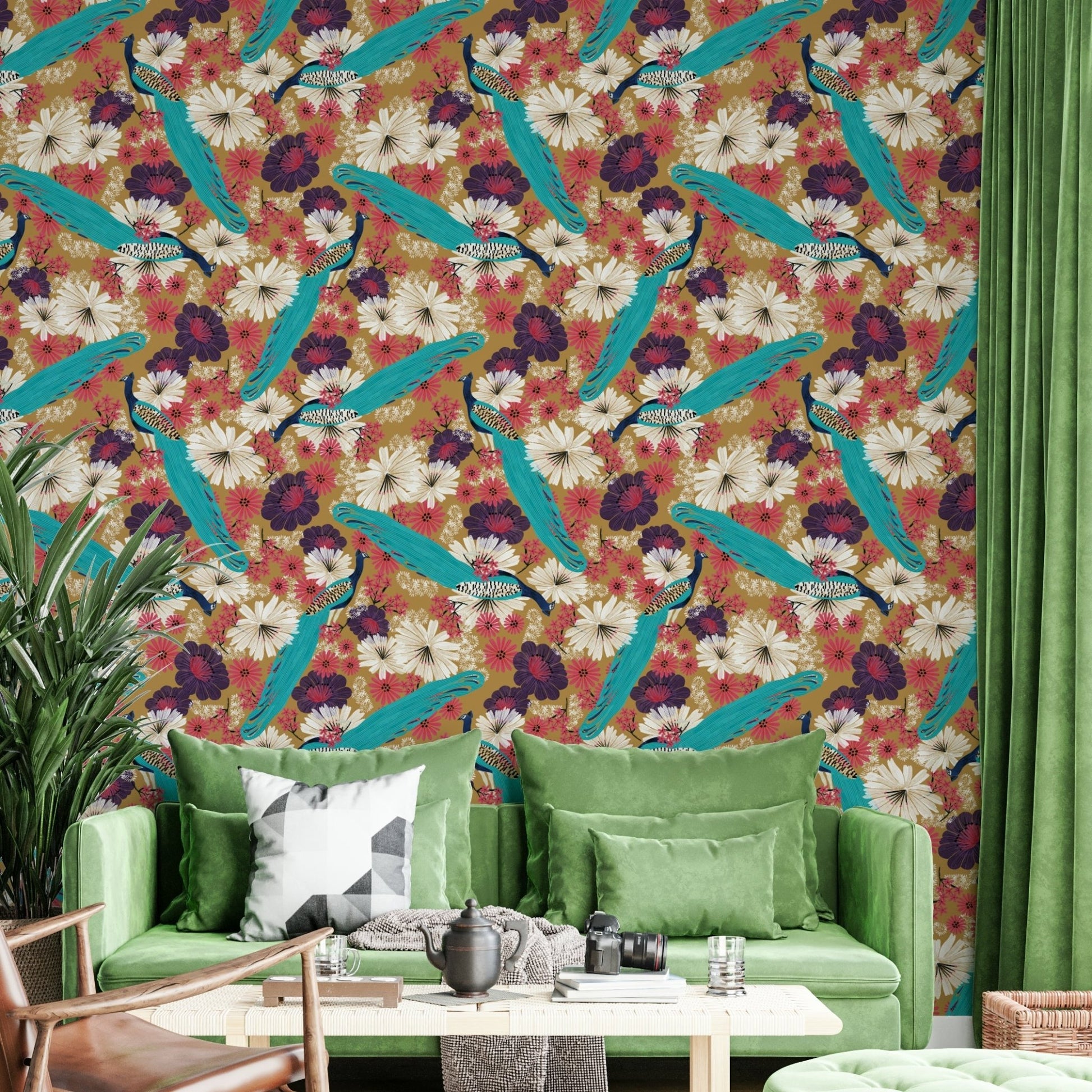 Warm gold peacock feathers wall mural