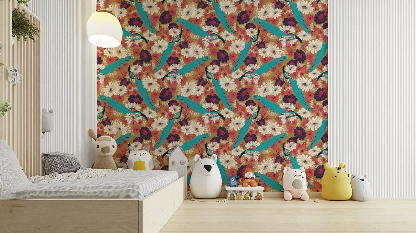 Gold wallpaper with peacock mural design