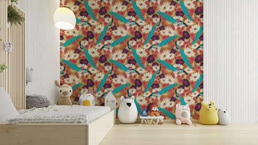 Gold wallpaper with peacock mural design