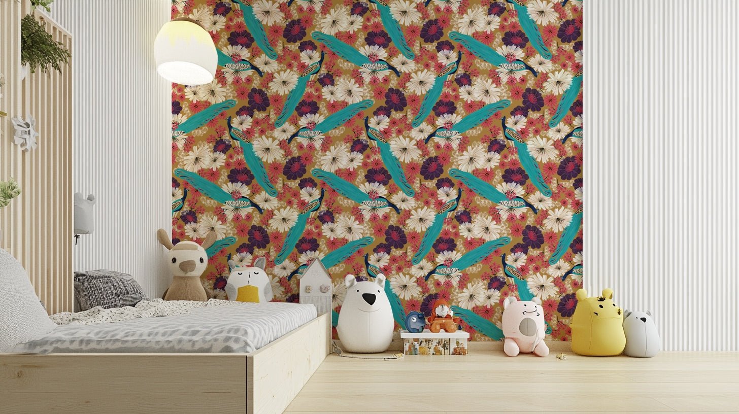 Gold wallpaper with peacock mural design, GD2599
