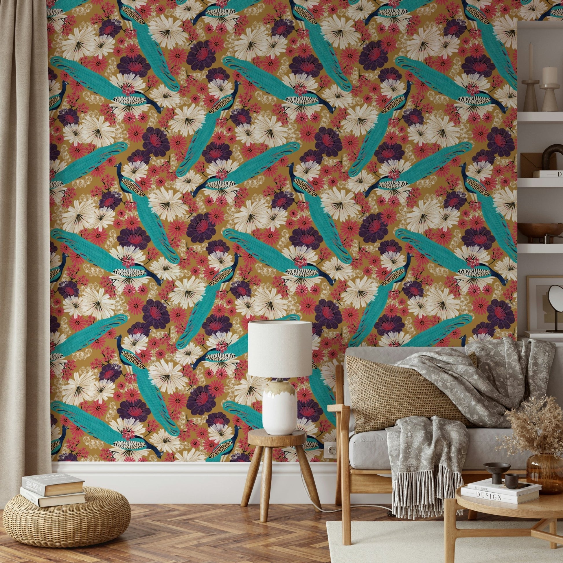 Living room with gold peacock wallpaper