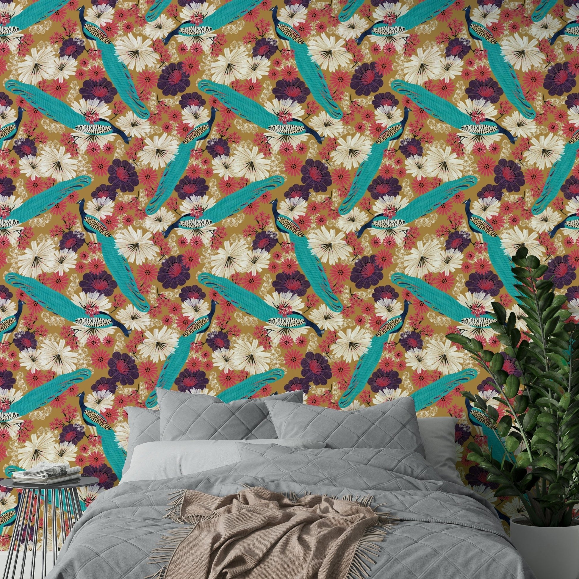 Feature wall mural with gold peacock print