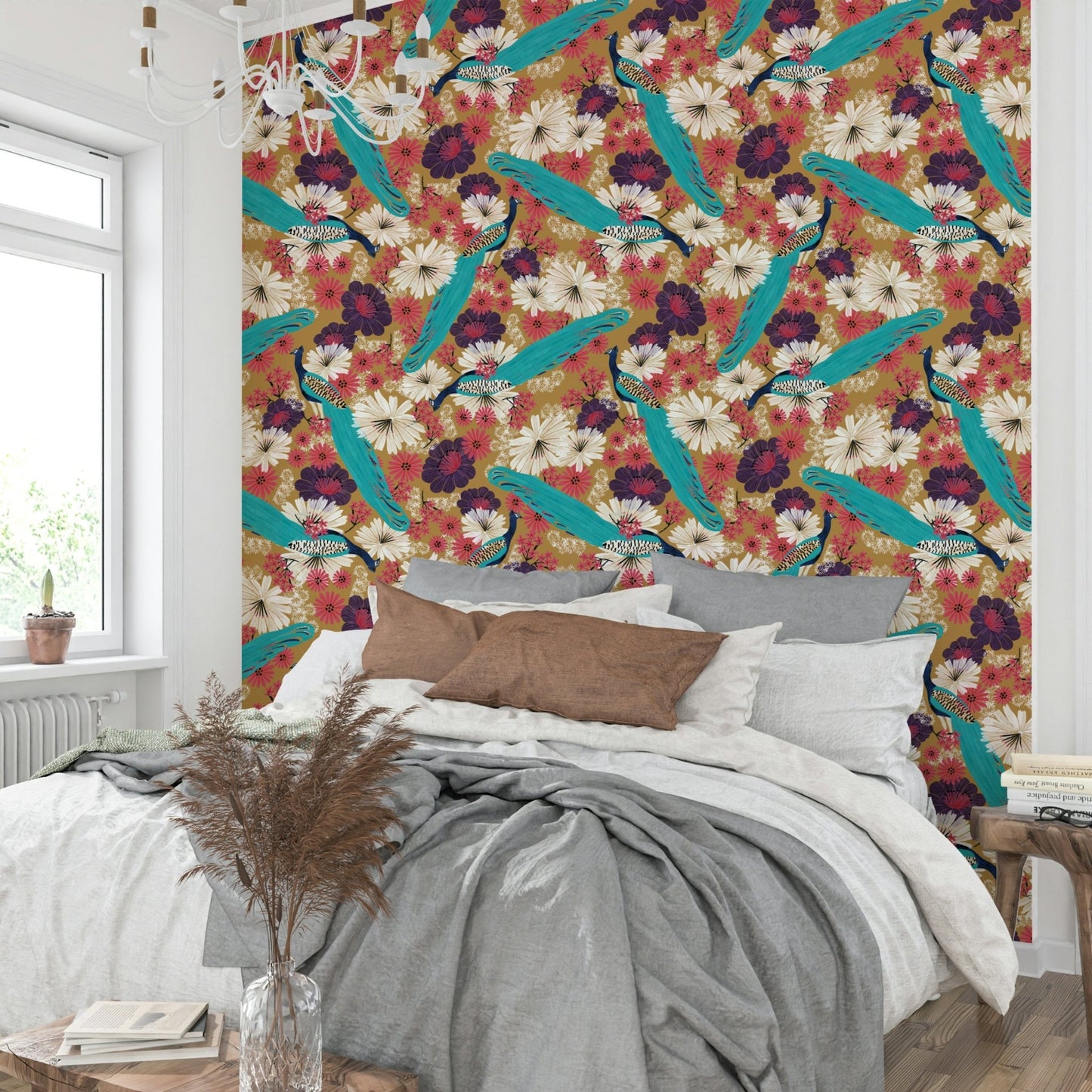 Regal peacock pattern in warm gold tones

