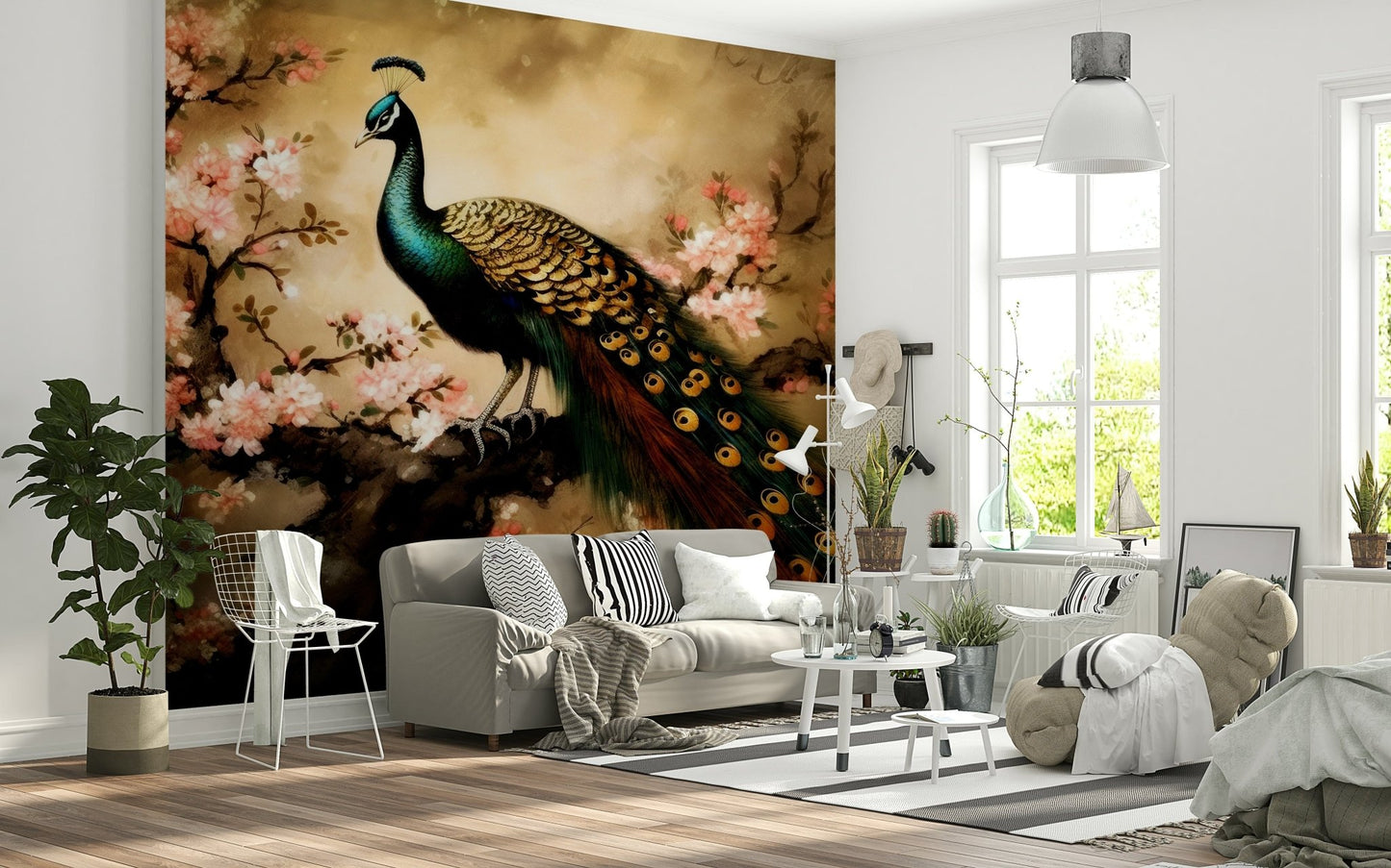 Peacock's Bloom Wall Mural with vibrant feathers in a modern living room.