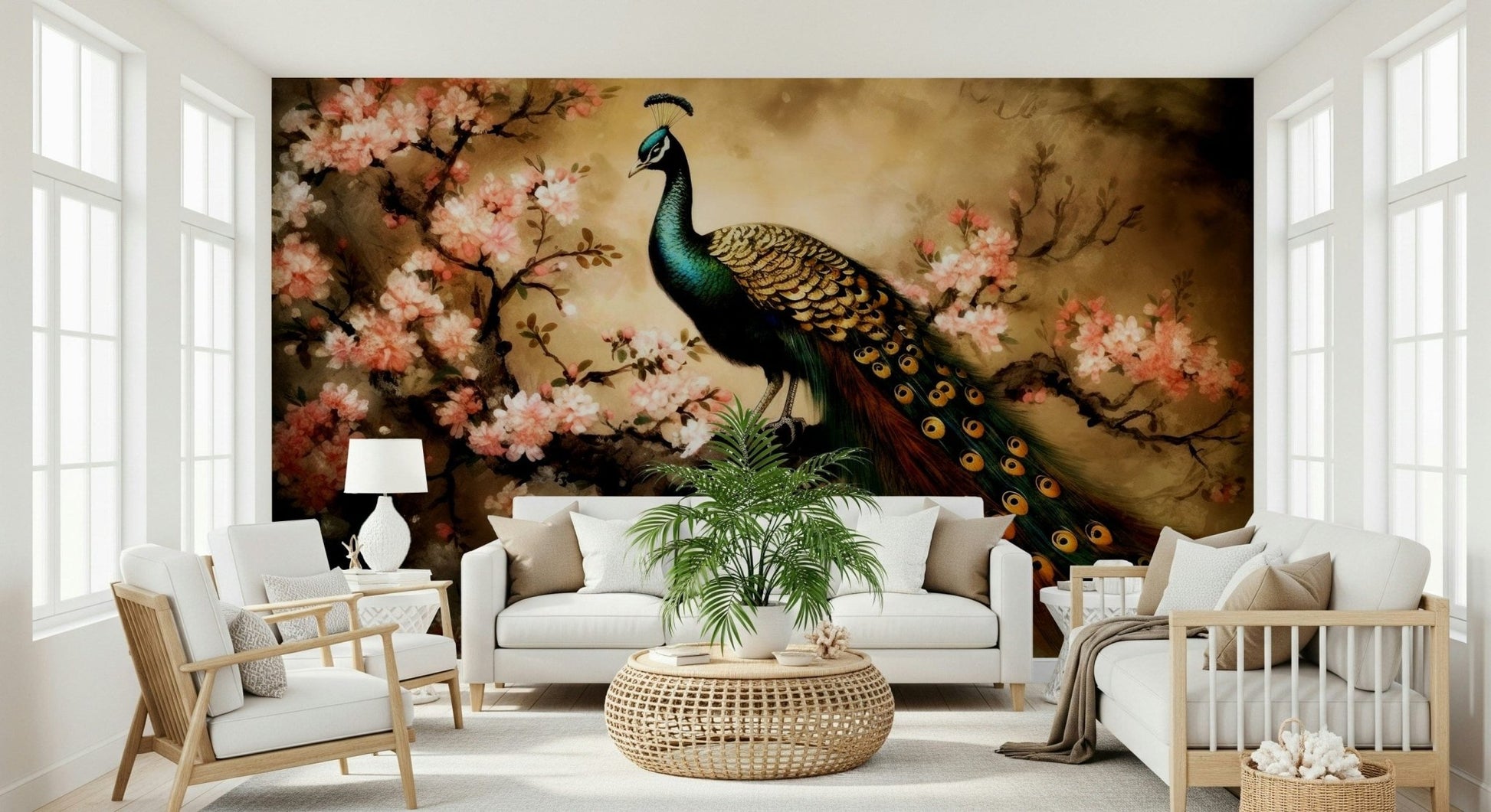 Detailed botanical wall mural with peacock motifs in a contemporary office.