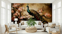 Detailed botanical wall mural with peacock motifs in a contemporary office.