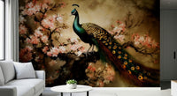 Peacock's Bloom Wallpaper used as a colorful feature wall in a lounge.