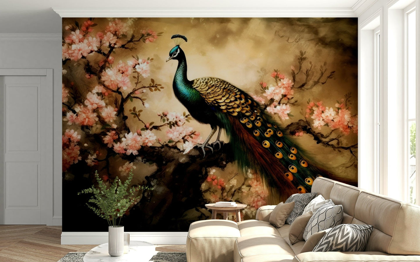 Detailed foliage and peacock wallpaper mural for a luxury apartment wall.