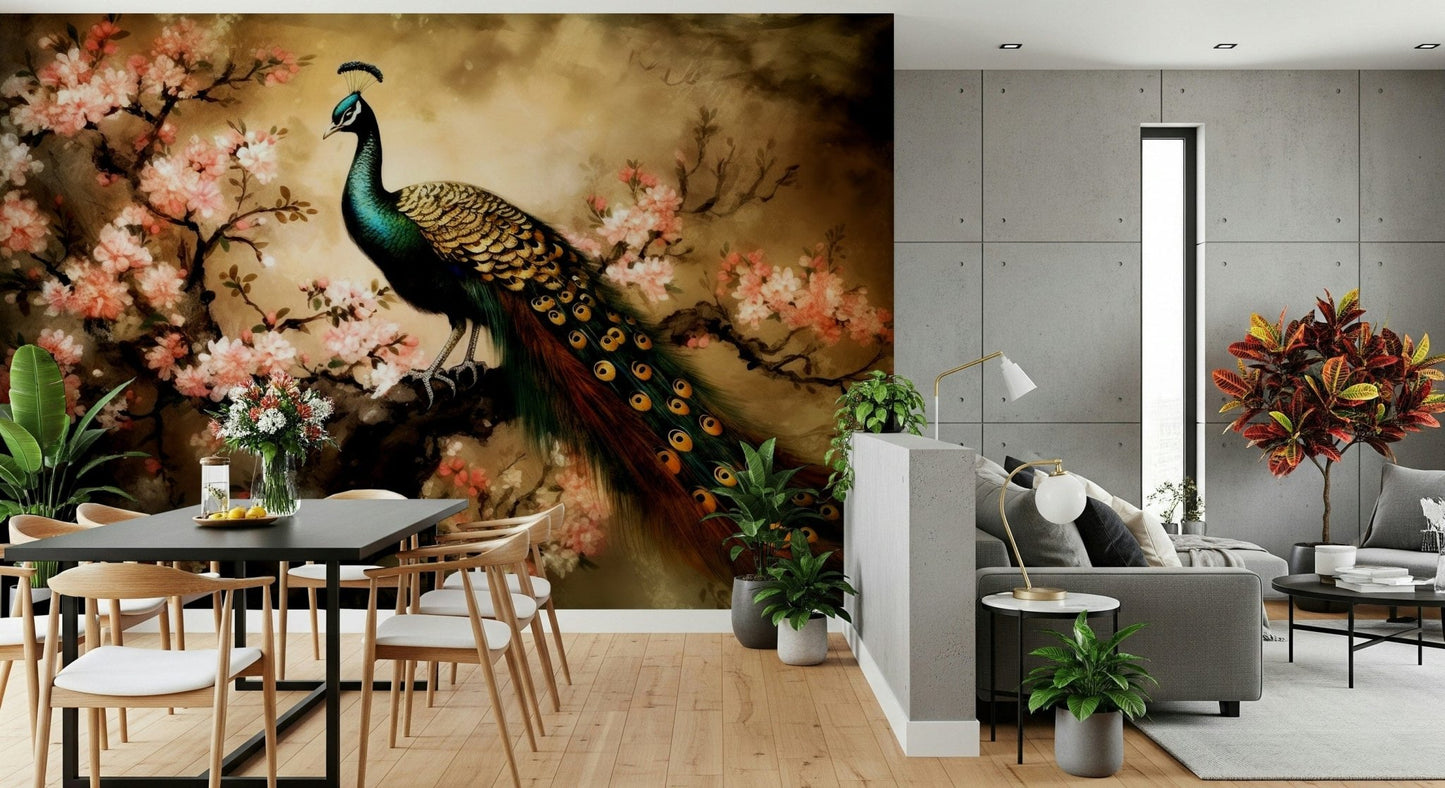 Elegant bird and floral wallpaper featuring a peacock for a bedroom wall.