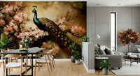 Elegant bird and floral wallpaper featuring a peacock for a bedroom wall.