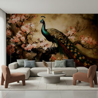 Artistic peacock wall mural with floral accents in a guest suite setting.