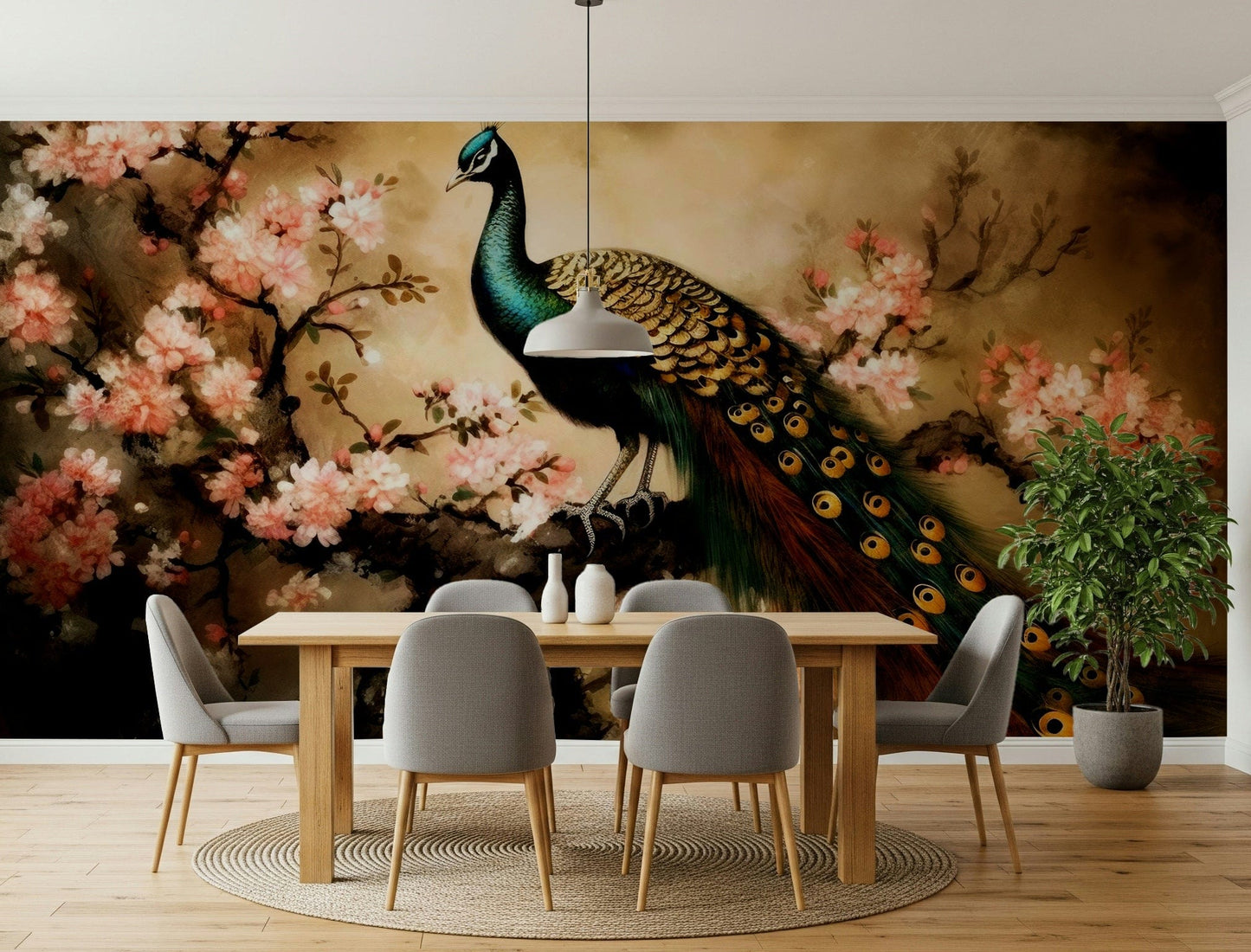 Vintage style bird wallpaper mural in a bright and airy hallway.