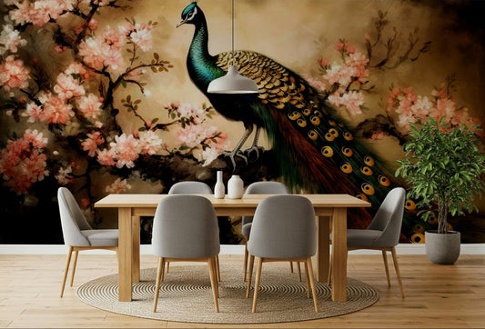 Vintage style bird wallpaper mural in a bright and airy hallway.