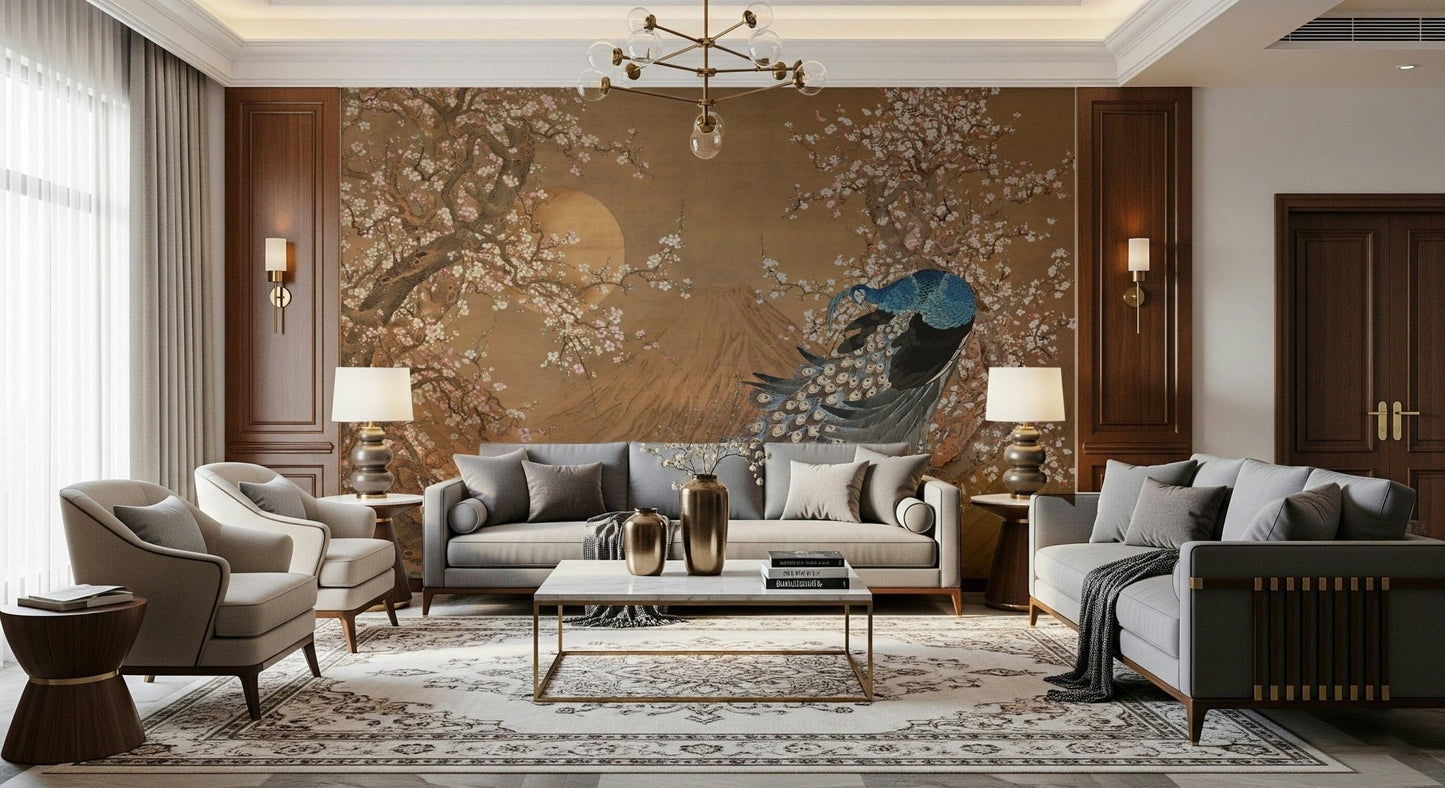 Peacock's Paradise Wall Mural in a bright hallway with gold decor wallpaper.