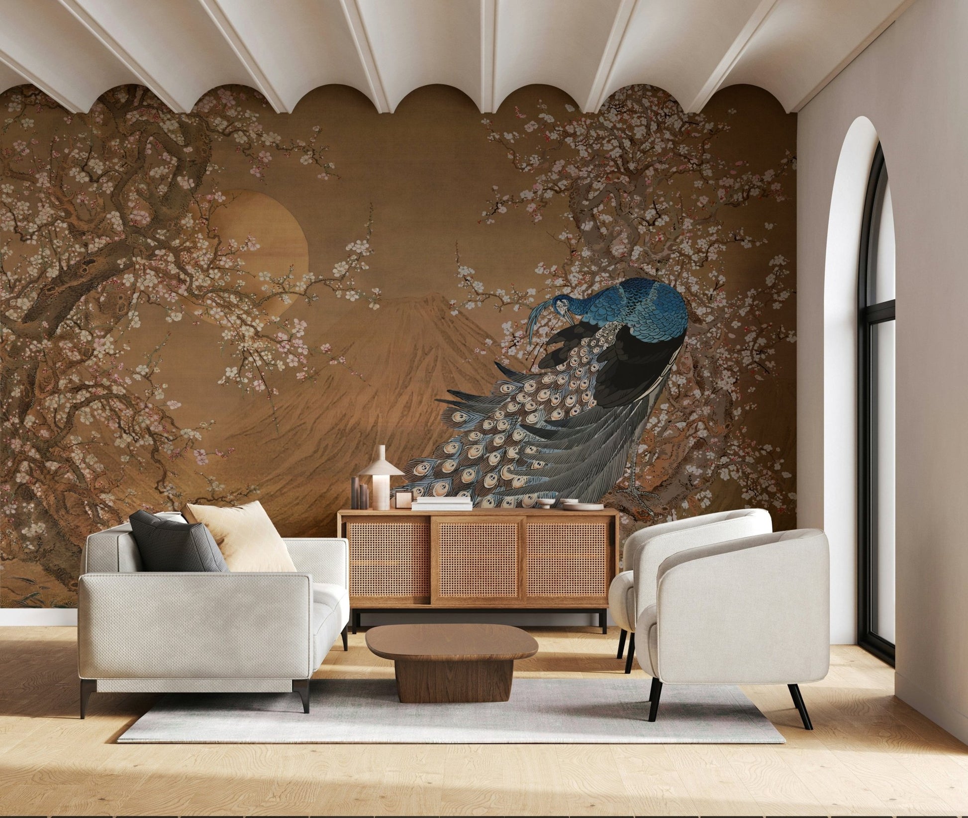 Peacock's Paradise Wall Mural behind a velvet armchair in a lounge wallpaper.