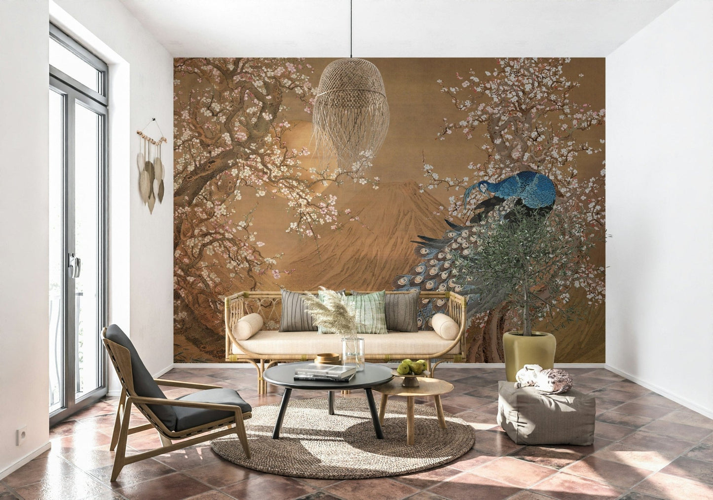 Peacock's Paradise Wall Mural used as a focal point in a vanity area wallpaper.