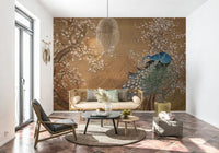 Peacock's Paradise Wall Mural used as a focal point in a vanity area wallpaper.