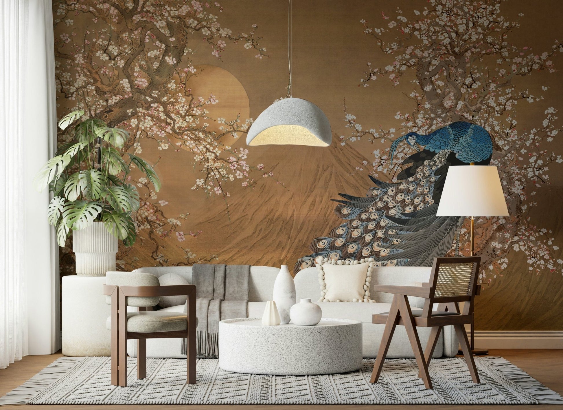 Detailed bird and floral wall mural for a formal dining room wallpaper.
